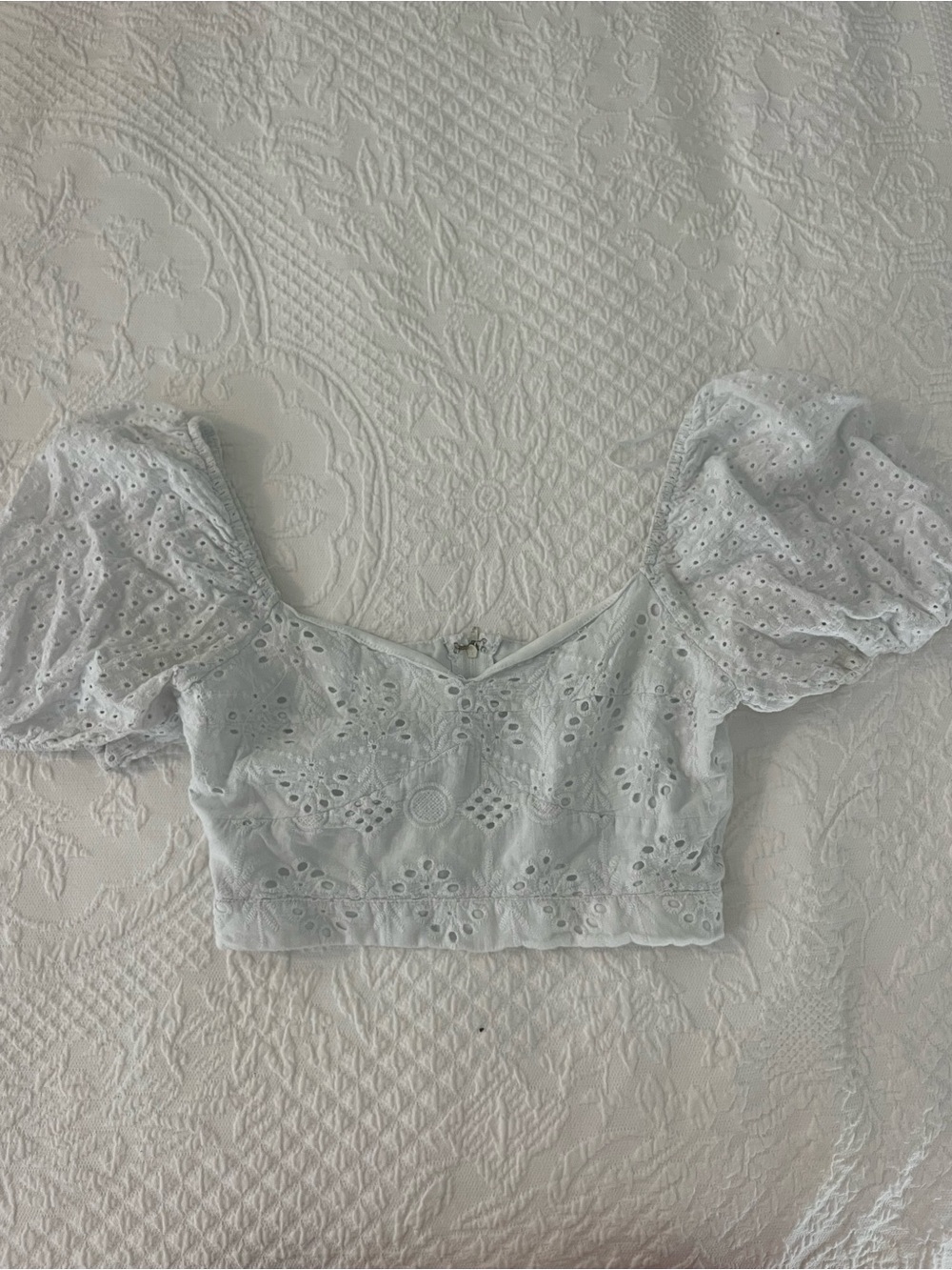 Eyelet Puff-Sleeve Crop Top in White